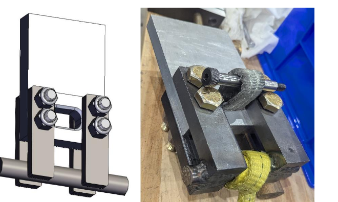 The strap breaker tooling, CAD model beside the finished part